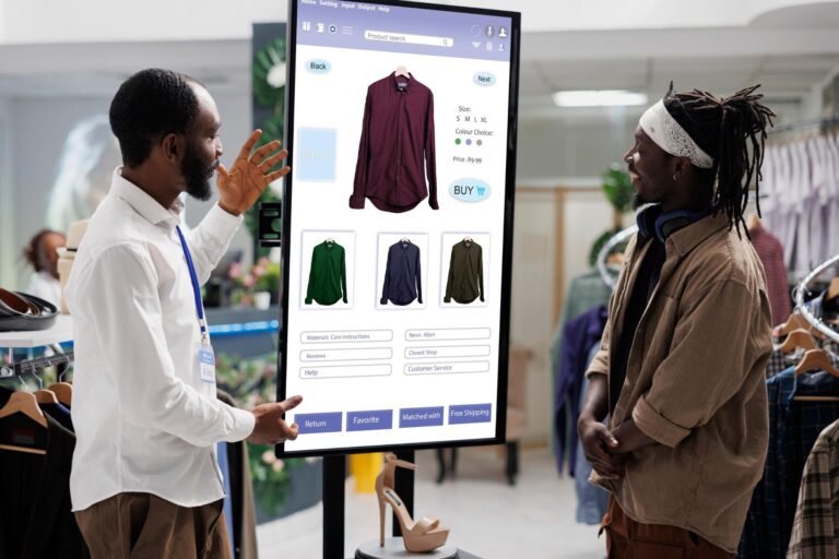 Interactive floor standing digital signage showcasing clothing catalog in a retail store in Malaysia.